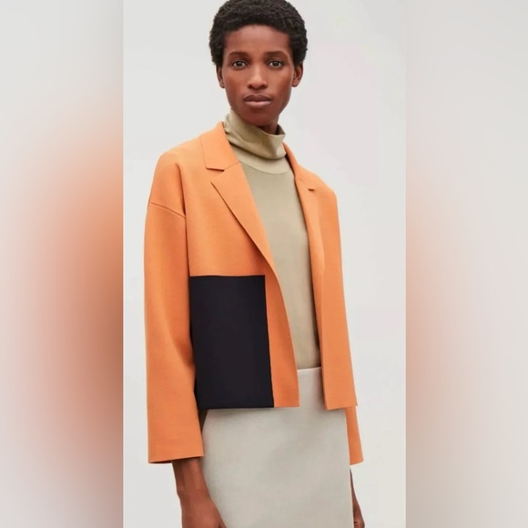 COS Jackets & Blazers - COS Colorblock Huge Pocket Knit Open Front Boxy Jacket Orange Navy Blue Sz S EUC